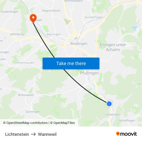 Lichtenstein to Wannweil map