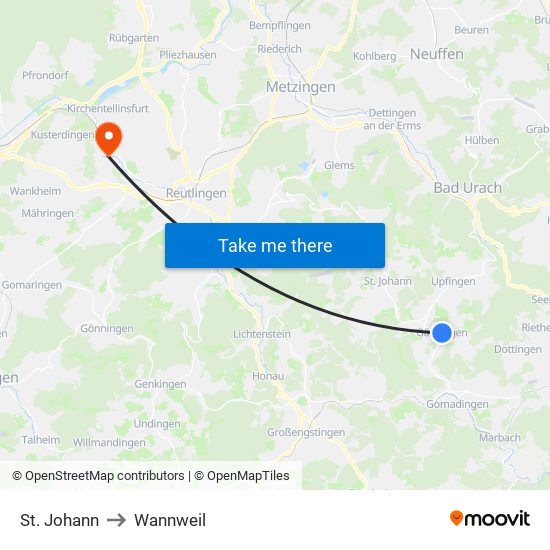 St. Johann to Wannweil map