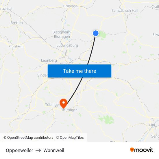 Oppenweiler to Wannweil map