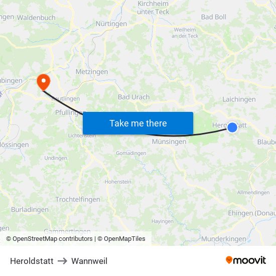 Heroldstatt to Wannweil map