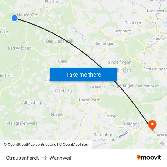 Straubenhardt to Wannweil map