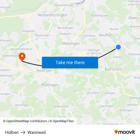 Hülben to Wannweil map
