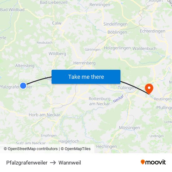 Pfalzgrafenweiler to Wannweil map