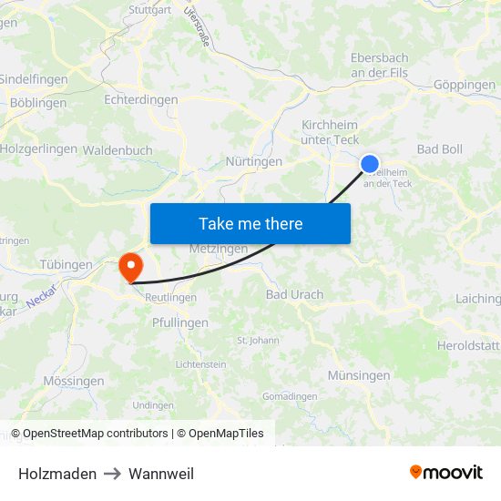 Holzmaden to Wannweil map
