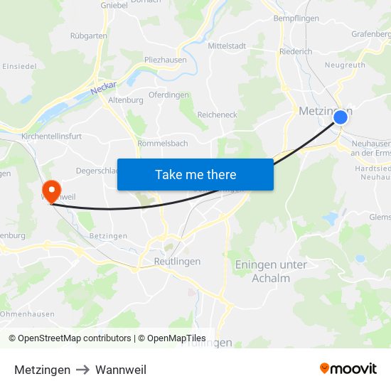 Metzingen to Wannweil map