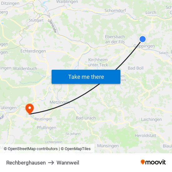 Rechberghausen to Wannweil map