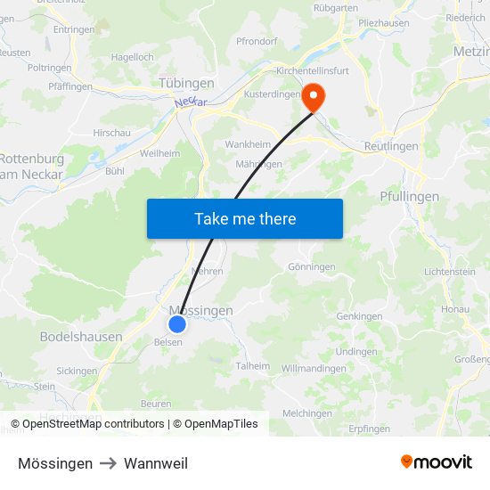 Mössingen to Wannweil map