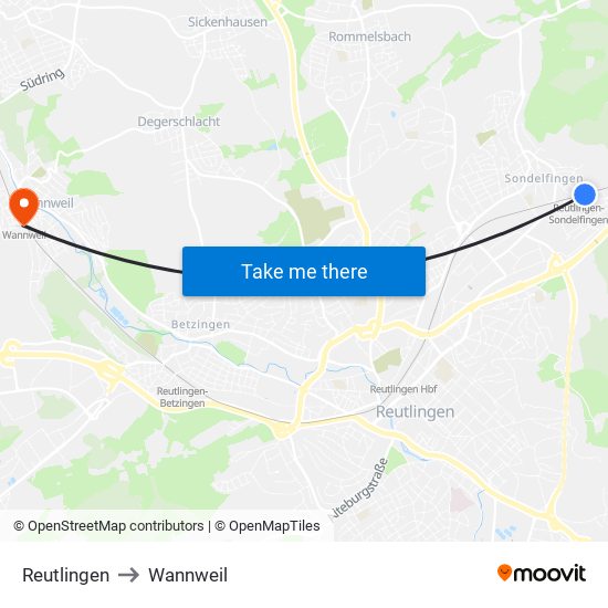 Reutlingen to Wannweil map