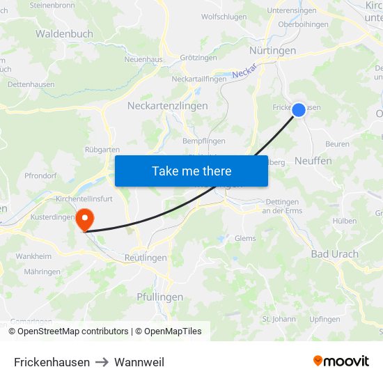 Frickenhausen to Wannweil map