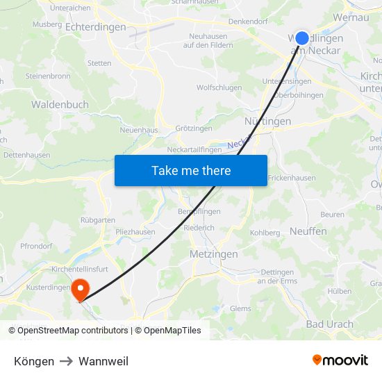 Köngen to Wannweil map