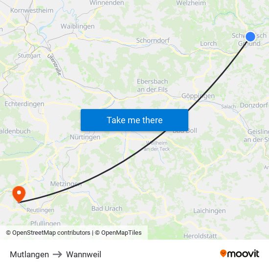 Mutlangen to Wannweil map