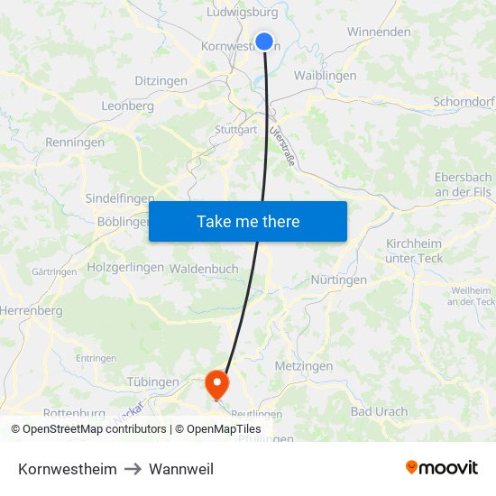 Kornwestheim to Wannweil map