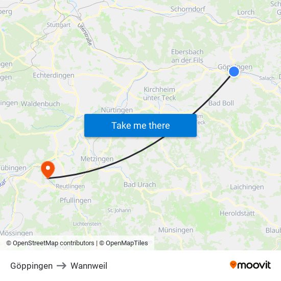 Göppingen to Wannweil map