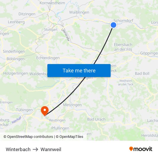Winterbach to Wannweil map