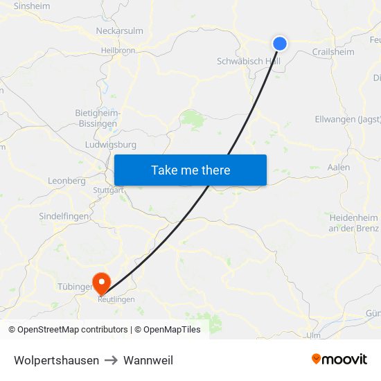 Wolpertshausen to Wannweil map