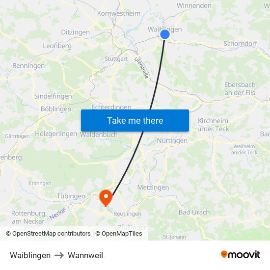 Waiblingen to Wannweil map