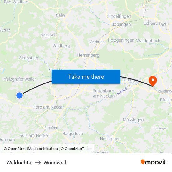 Waldachtal to Wannweil map