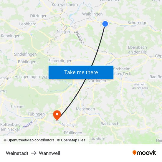 Weinstadt to Wannweil map