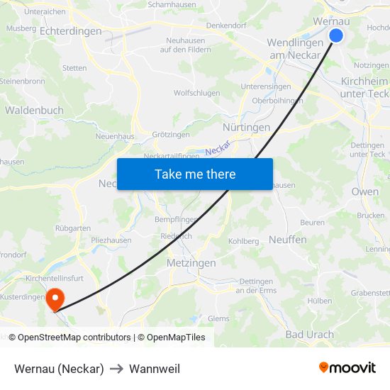 Wernau (Neckar) to Wannweil map