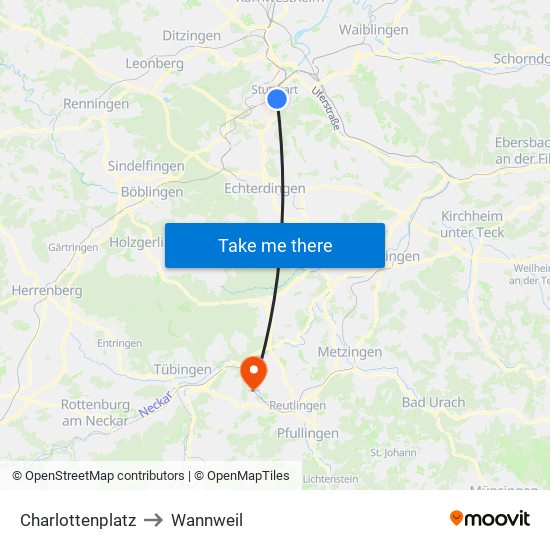 Charlottenplatz to Wannweil map