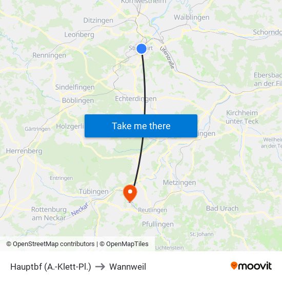 Hauptbf (A.-Klett-Pl.) to Wannweil map