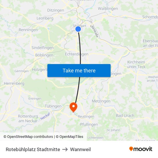 Rotebühlplatz Stadtmitte to Wannweil map