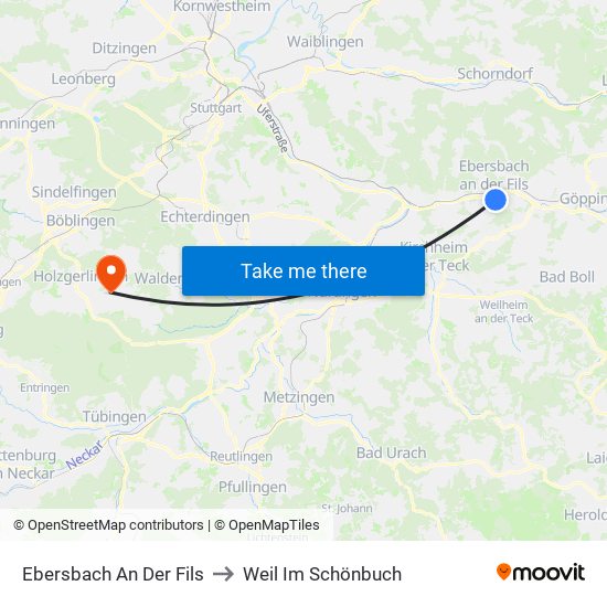 Ebersbach An Der Fils to Weil Im Schönbuch map