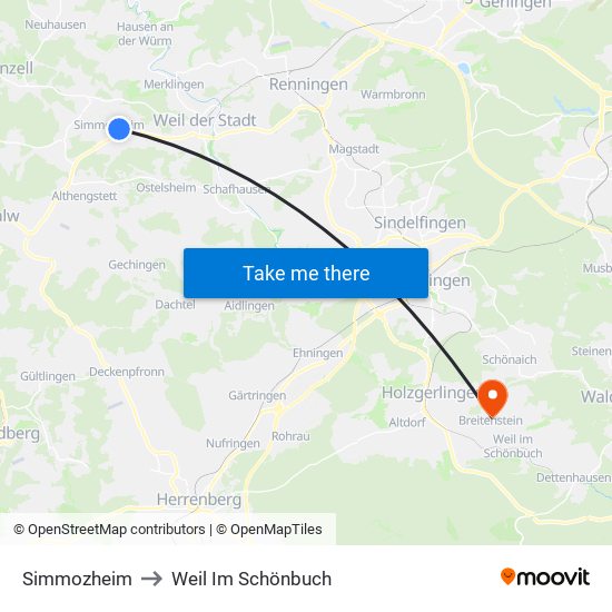 Simmozheim to Weil Im Schönbuch map