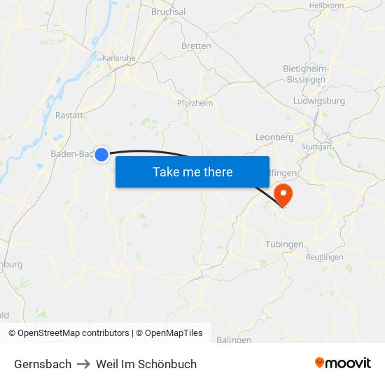 Gernsbach to Weil Im Schönbuch map