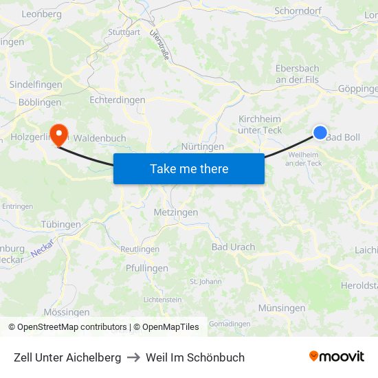 Zell Unter Aichelberg to Weil Im Schönbuch map