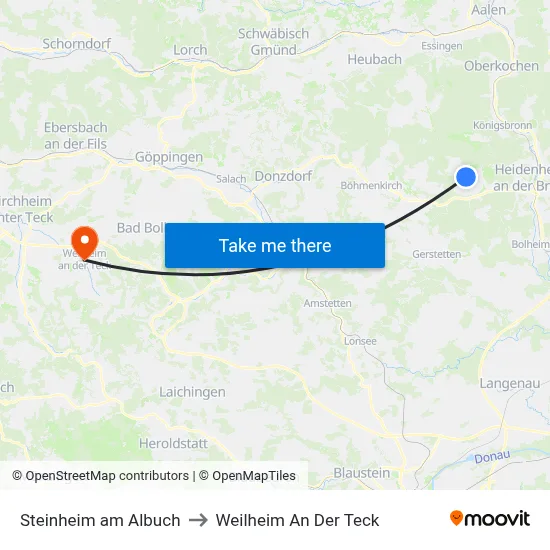 Steinheim am Albuch to Weilheim An Der Teck map