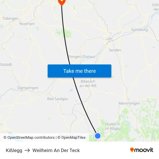 Kißlegg to Weilheim An Der Teck map