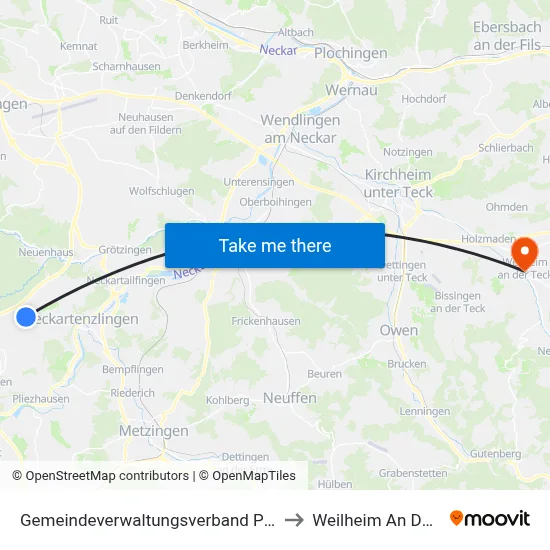 Gemeindeverwaltungsverband Pliezhausen to Weilheim An Der Teck map