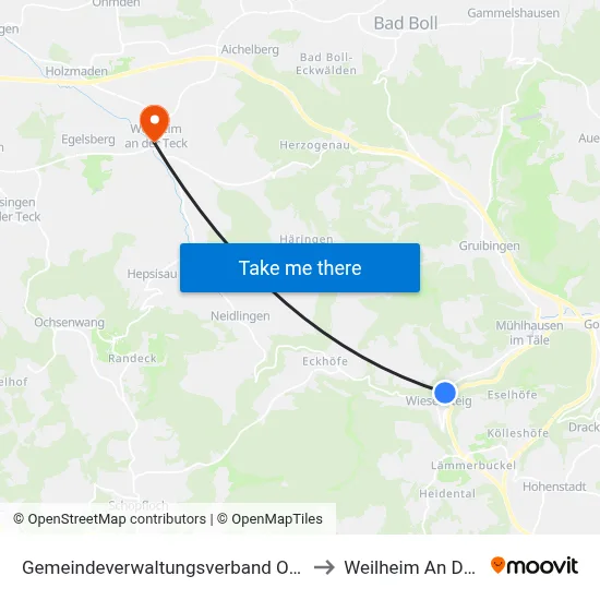 Gemeindeverwaltungsverband Oberes Filstal to Weilheim An Der Teck map