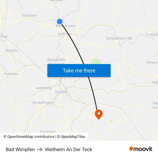 Bad Wimpfen to Weilheim An Der Teck map