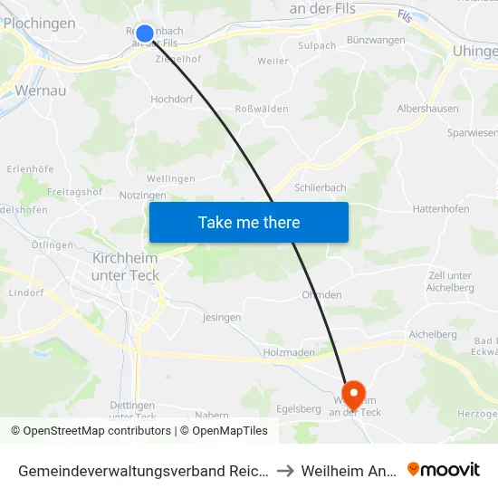 Gemeindeverwaltungsverband Reichenbach An Der Fils to Weilheim An Der Teck map