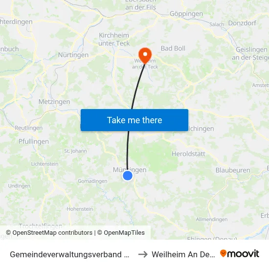 Gemeindeverwaltungsverband Münsingen to Weilheim An Der Teck map