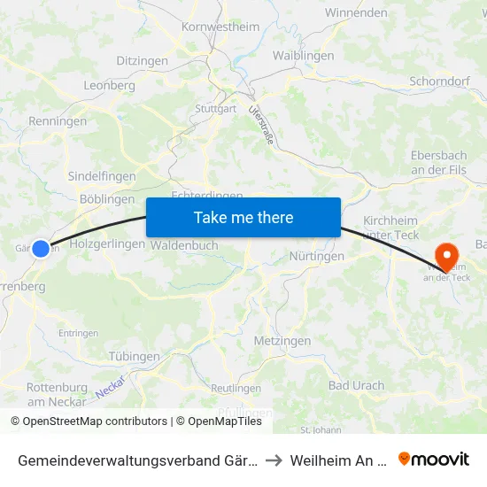 Gemeindeverwaltungsverband Gärtringen/Ehningen to Weilheim An Der Teck map
