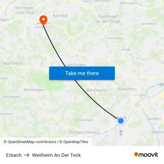 Erbach to Weilheim An Der Teck map