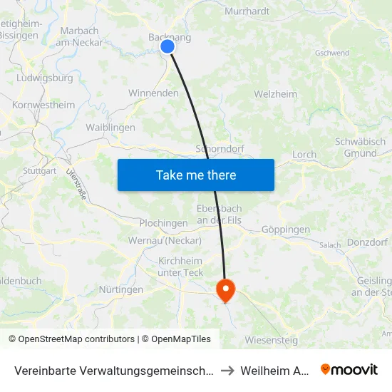 Vereinbarte Verwaltungsgemeinschaft Der Stadt Backnang to Weilheim An Der Teck map