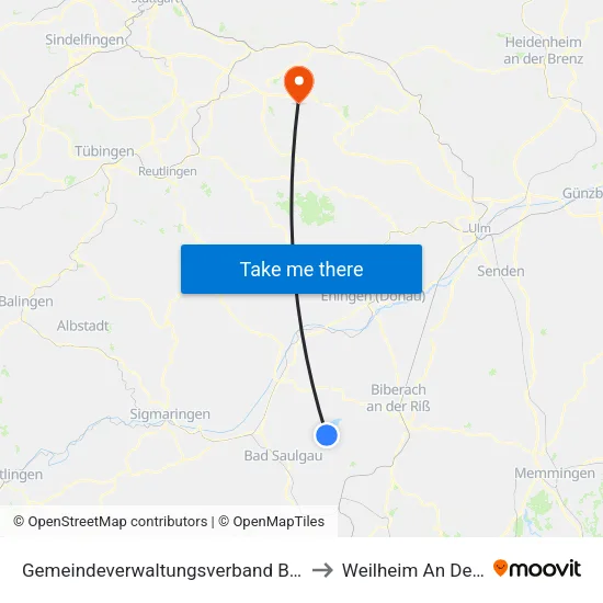 Gemeindeverwaltungsverband Bad Buchau to Weilheim An Der Teck map