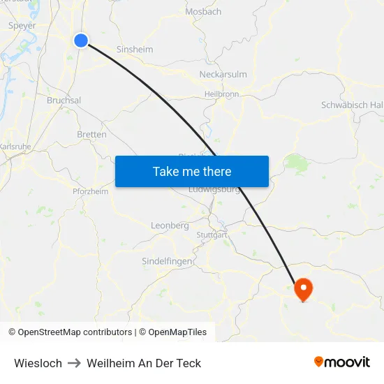 Wiesloch to Weilheim An Der Teck map