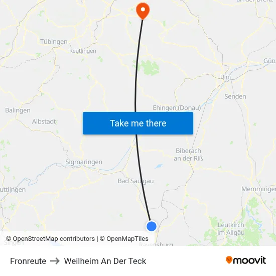 Fronreute to Weilheim An Der Teck map