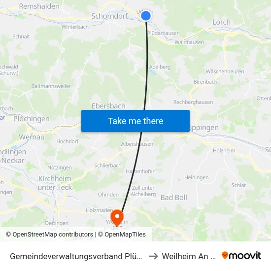 Gemeindeverwaltungsverband Plüderhausen-Urbach to Weilheim An Der Teck map