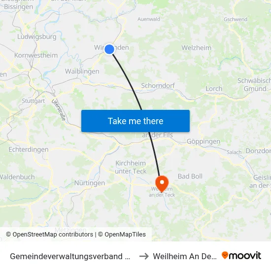 Gemeindeverwaltungsverband Winnenden to Weilheim An Der Teck map