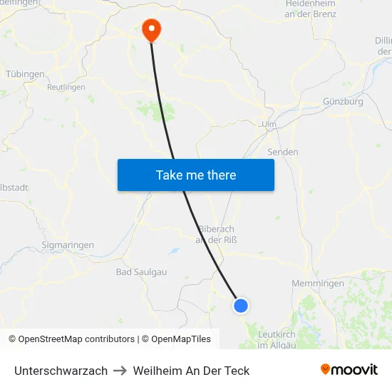 Unterschwarzach to Weilheim An Der Teck map