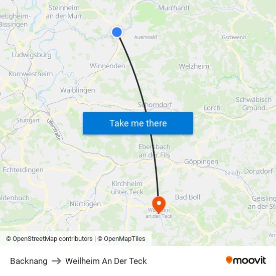 Backnang to Weilheim An Der Teck map