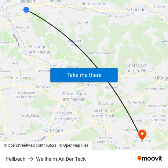 Fellbach to Weilheim An Der Teck map