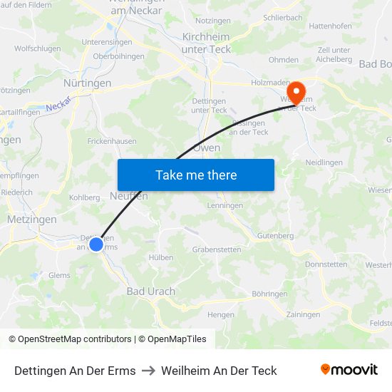 Dettingen An Der Erms to Weilheim An Der Teck map