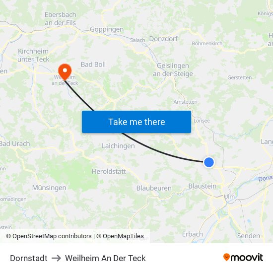 Dornstadt to Weilheim An Der Teck map